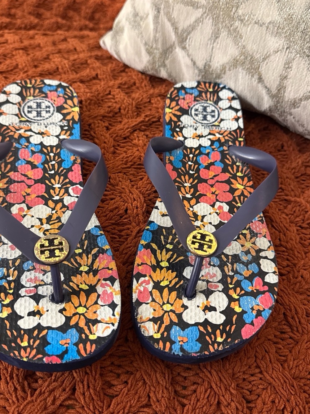 Tory Burch Girls Multicolor Floral Flip Flops with Navy Straps